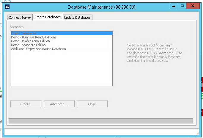 Dynamics SL database maintenance screen for creating new databases