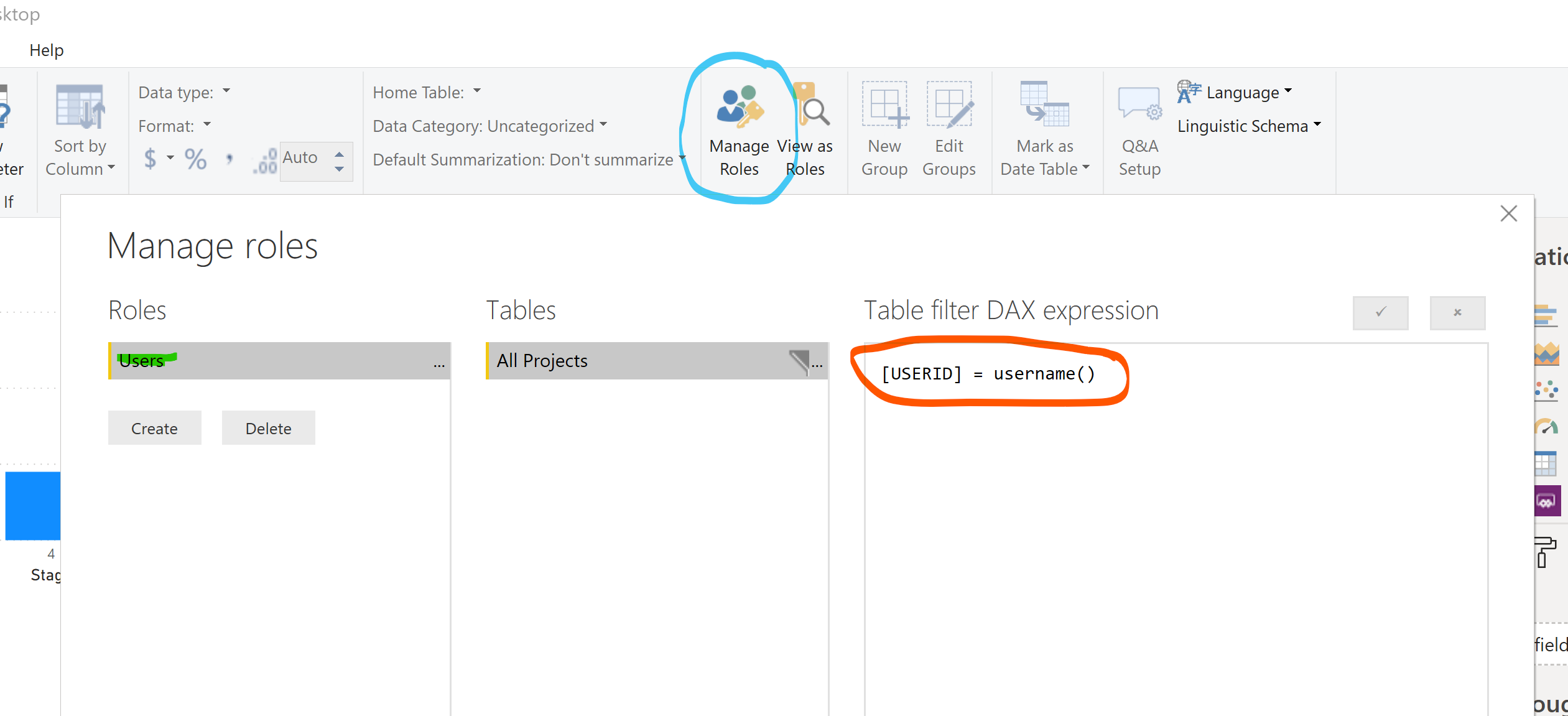 PowerBI desktop window with manage roles dialog box open to DAX expression