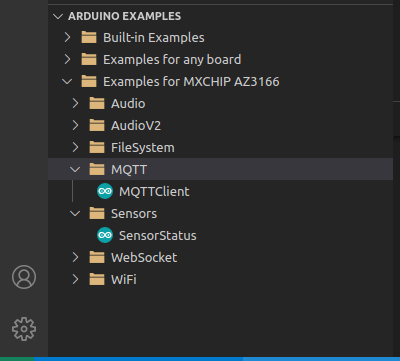 VS code examples for Arduino with MQTT folder and Sensors folders expanded